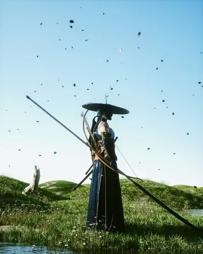 Samurai figure with umbrella in the wind — Photo by Cash Macanaya on Unsplash